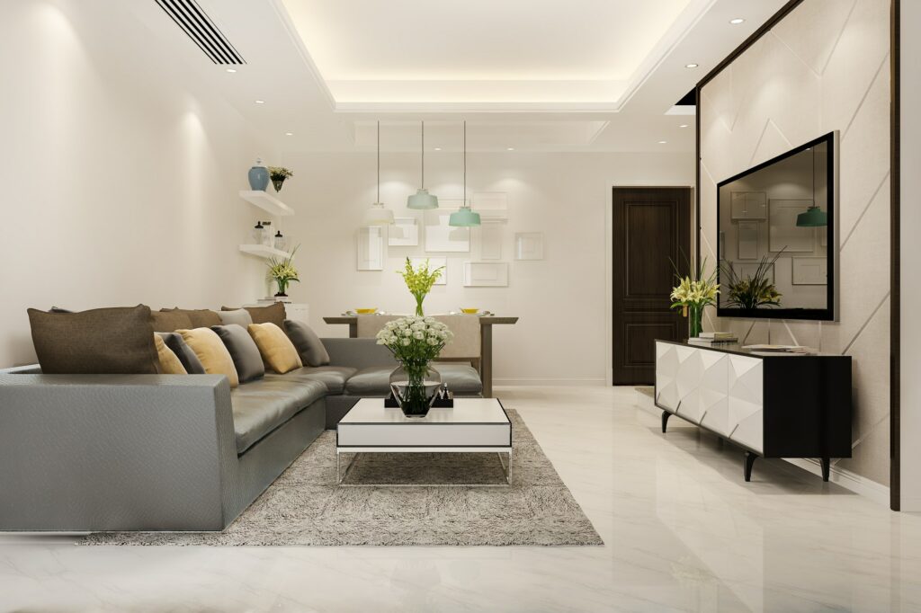 modern dining room and living room with luxury sofa